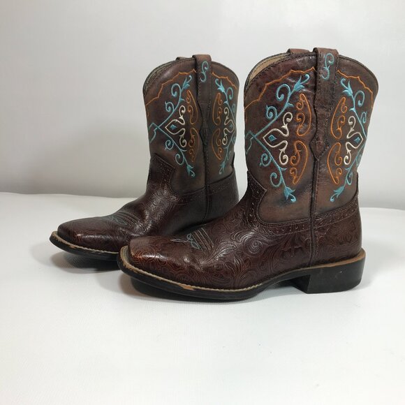 Ariat Boots Women 8 Fatbaby Brown Teal Embroidered Floral Square Toe Western - Picture 2 of 14